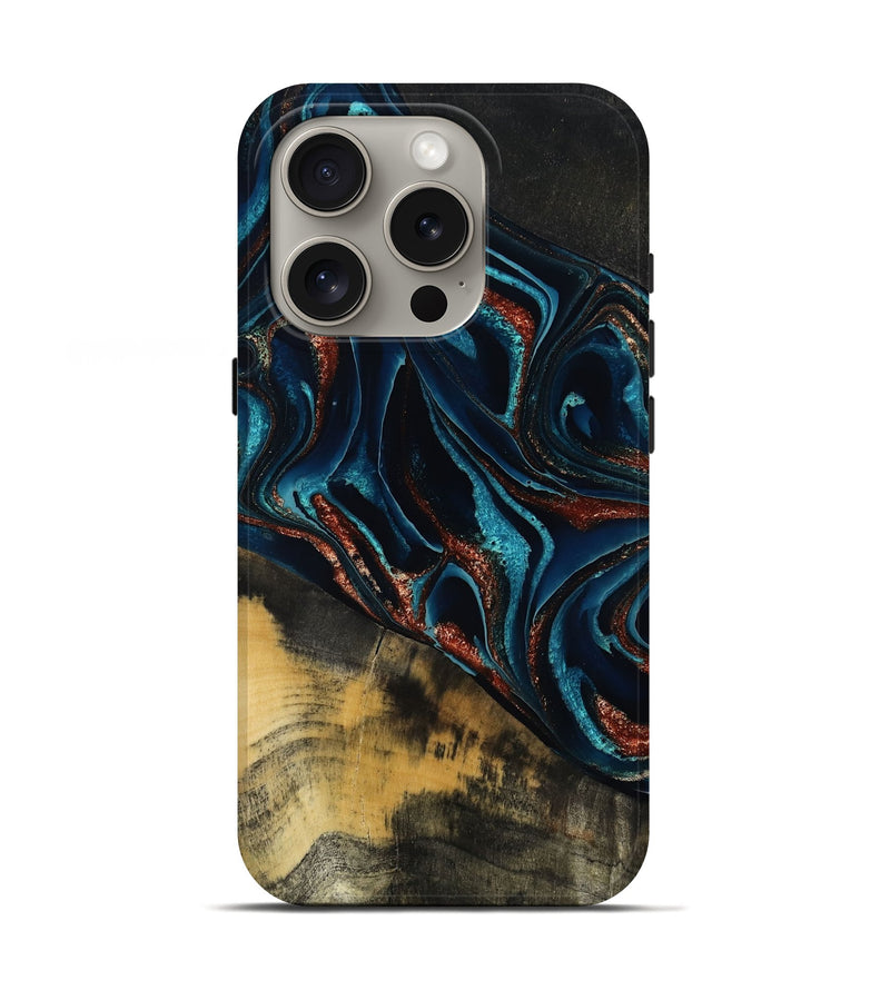 iPhone 16 Pro Wood Live Edge Phone Case - Deann (Teal & Gold, 801476)
