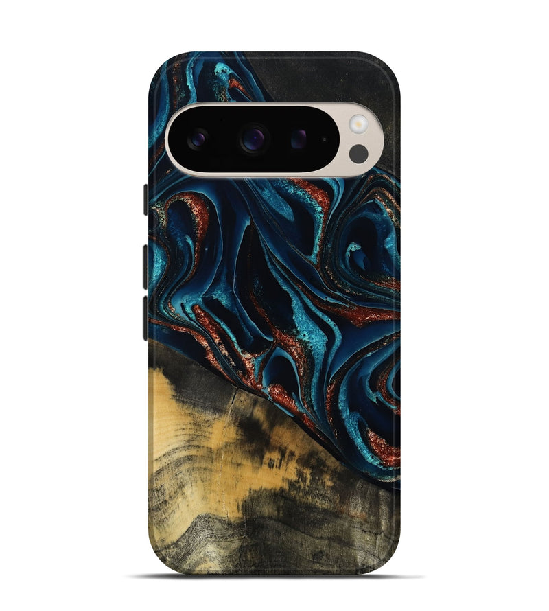 Pixel 9 Pro Wood Live Edge Phone Case - Deann (Teal & Gold, 801476)