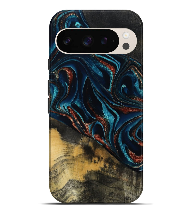Pixel 9 Pro XL Wood Live Edge Phone Case - Deann (Teal & Gold, 801476)