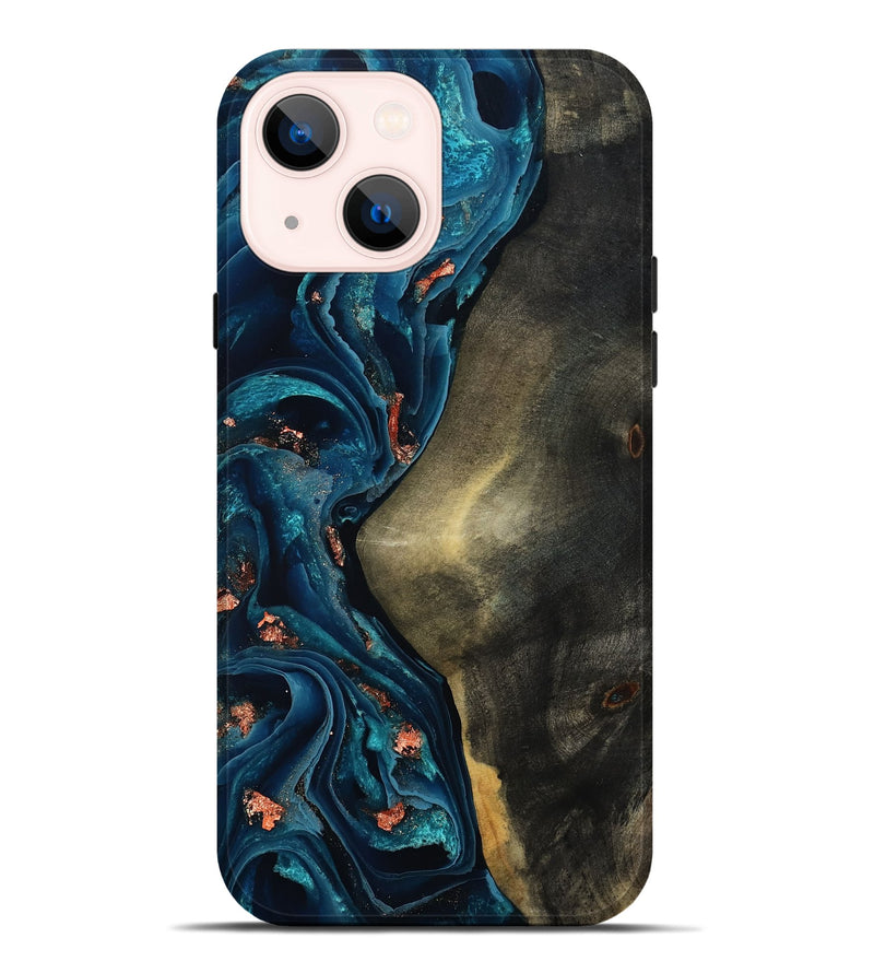 iPhone 14 Plus Wood Live Edge Phone Case - Enrique (Teal & Gold, 801482)