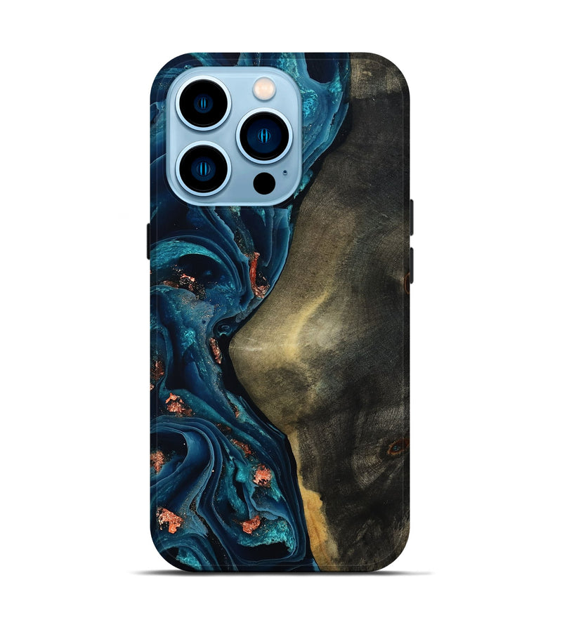 iPhone 14 Pro Wood Live Edge Phone Case - Enrique (Teal & Gold, 801482)