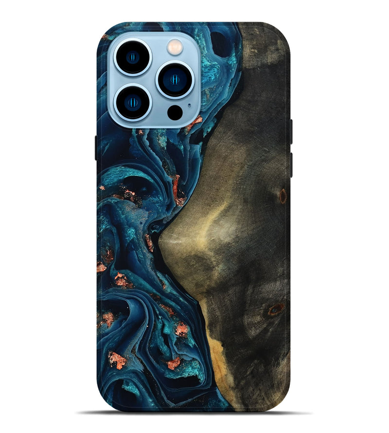 iPhone 14 Pro Max Wood Live Edge Phone Case - Enrique (Teal & Gold, 801482)