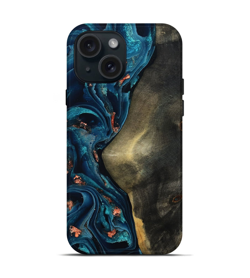 iPhone 15 Wood Live Edge Phone Case - Enrique (Teal & Gold, 801482)