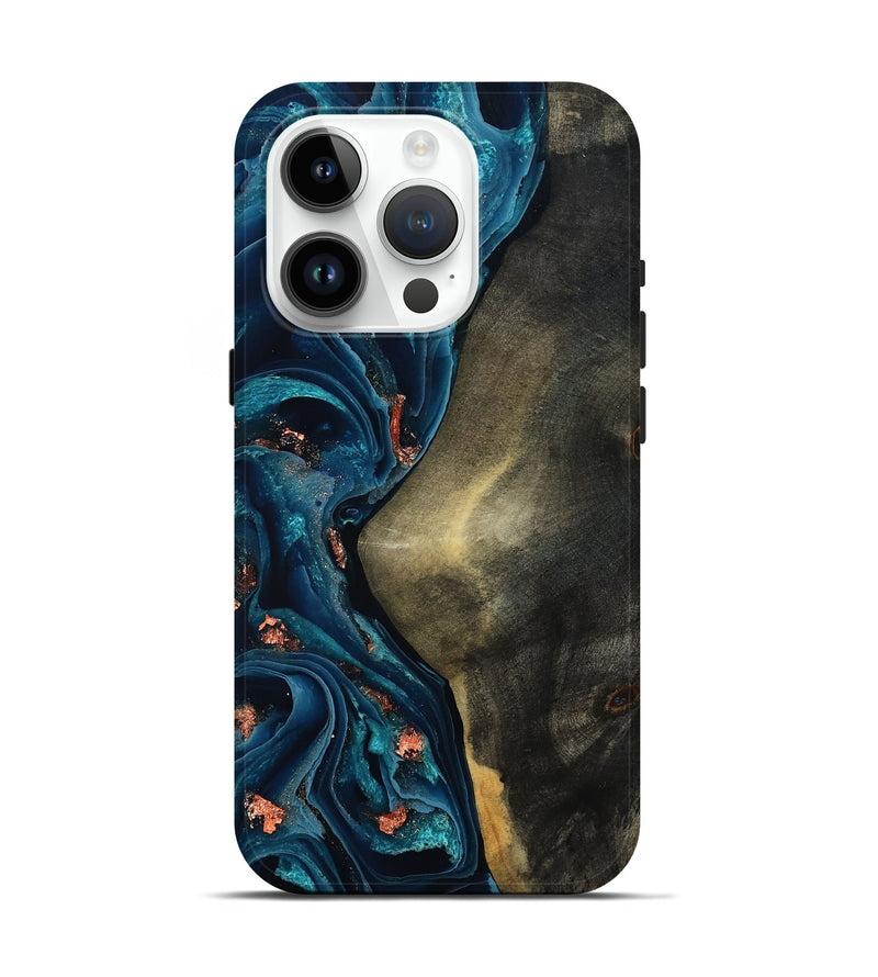 iPhone 15 Pro Wood Live Edge Phone Case - Enrique (Teal & Gold, 801482)