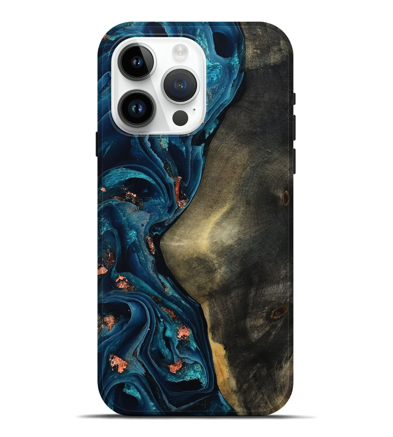 iPhone 15 Pro Max Wood Live Edge Phone Case - Enrique (Teal & Gold, 801482)