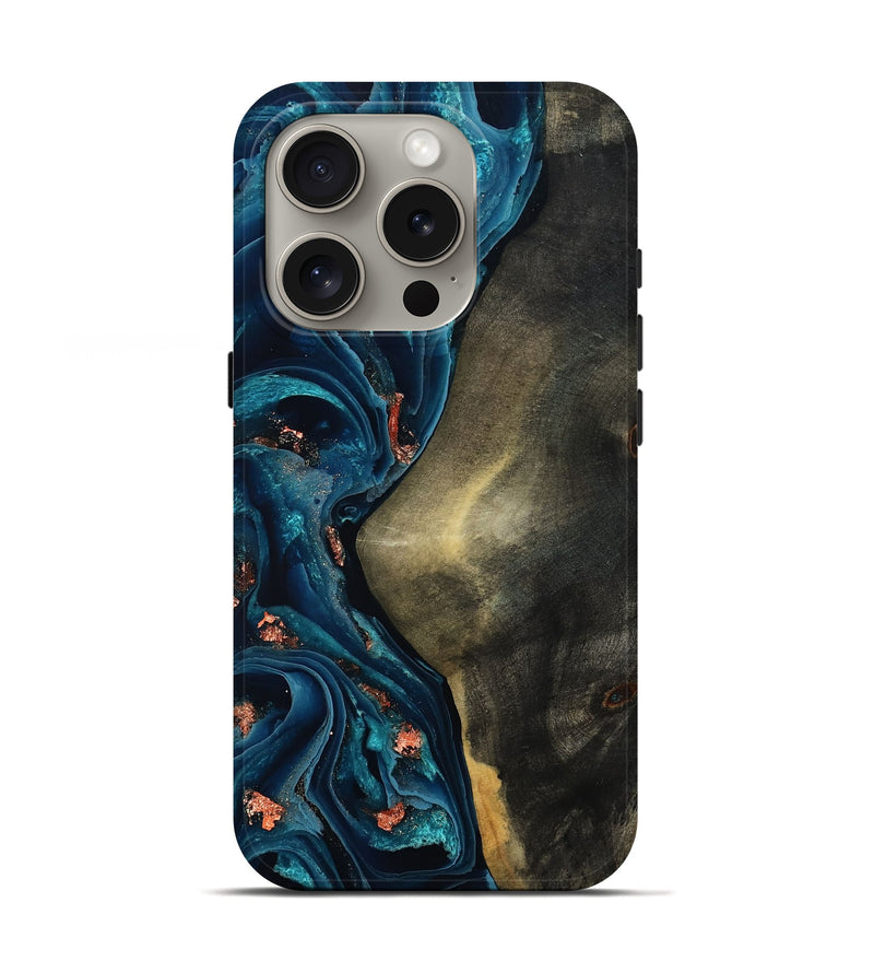 iPhone 16 Pro Wood Live Edge Phone Case - Enrique (Teal & Gold, 801482)