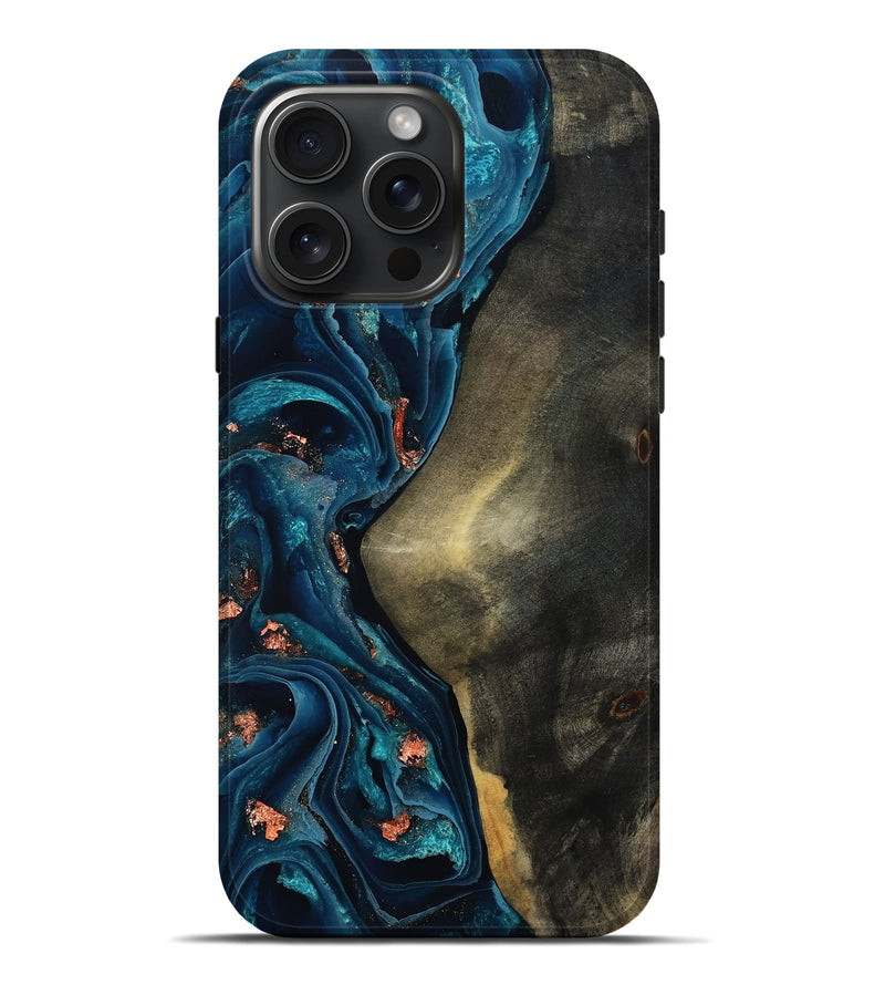 iPhone 16 Pro Max Wood Live Edge Phone Case - Enrique (Teal & Gold, 801482)