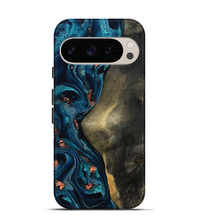 Pixel 9 Pro Wood Live Edge Phone Case - Enrique (Teal & Gold, 801482)
