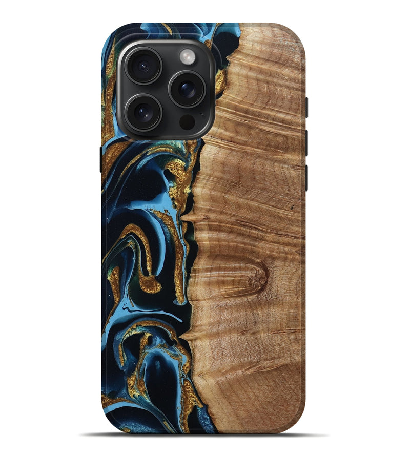 iPhone 16 Pro Max Wood Live Edge Phone Case - Kameron (Teal & Gold, 801494)