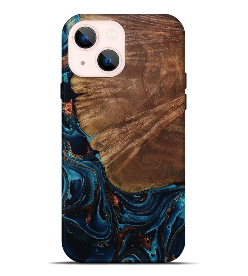 iPhone 14 Plus Wood Live Edge Phone Case - Kaeden (Teal & Gold, 801495)