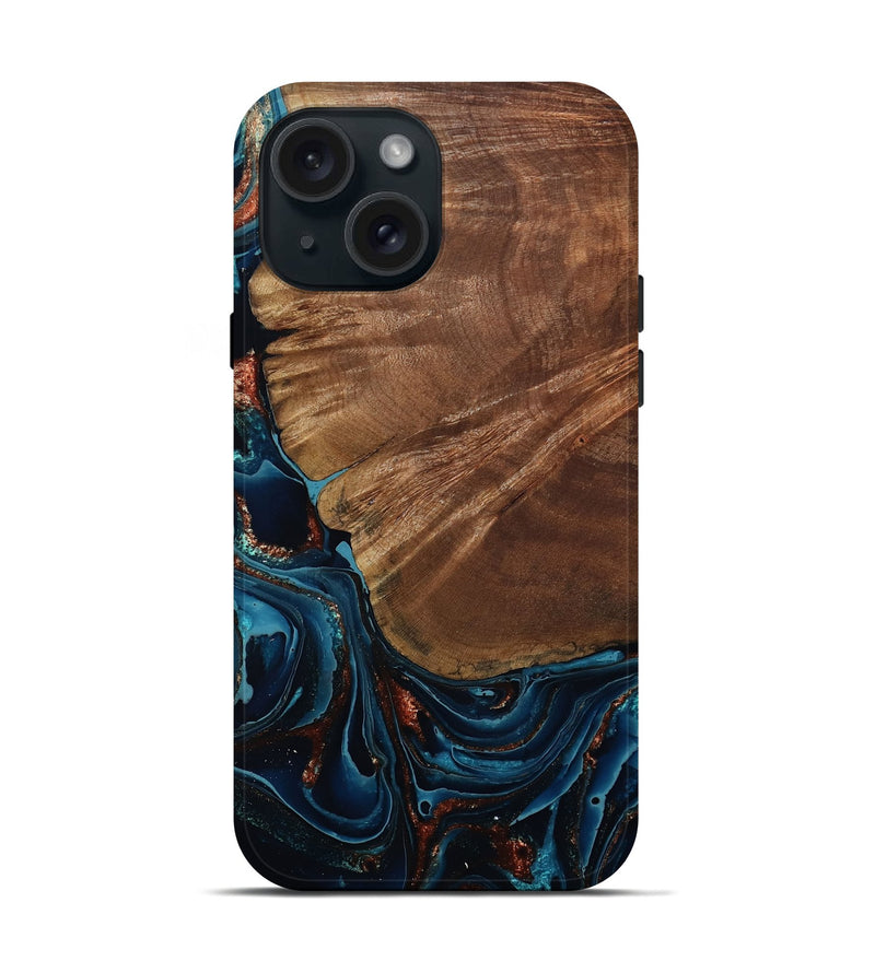 iPhone 15 Wood Live Edge Phone Case - Kaeden (Teal & Gold, 801495)