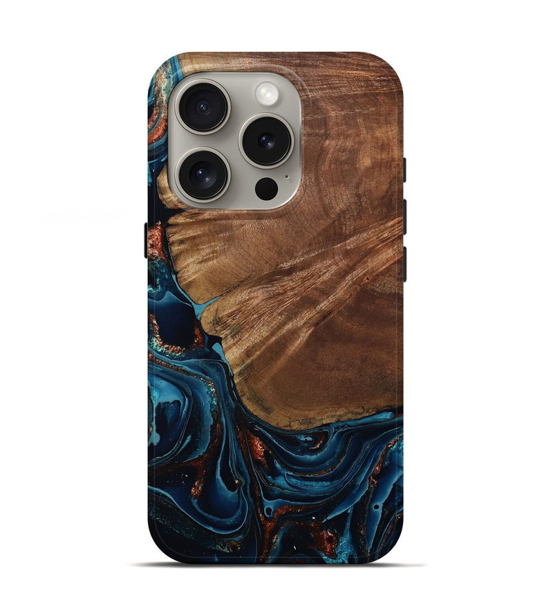 iPhone 16 Pro Wood Live Edge Phone Case - Kaeden (Teal & Gold, 801495)