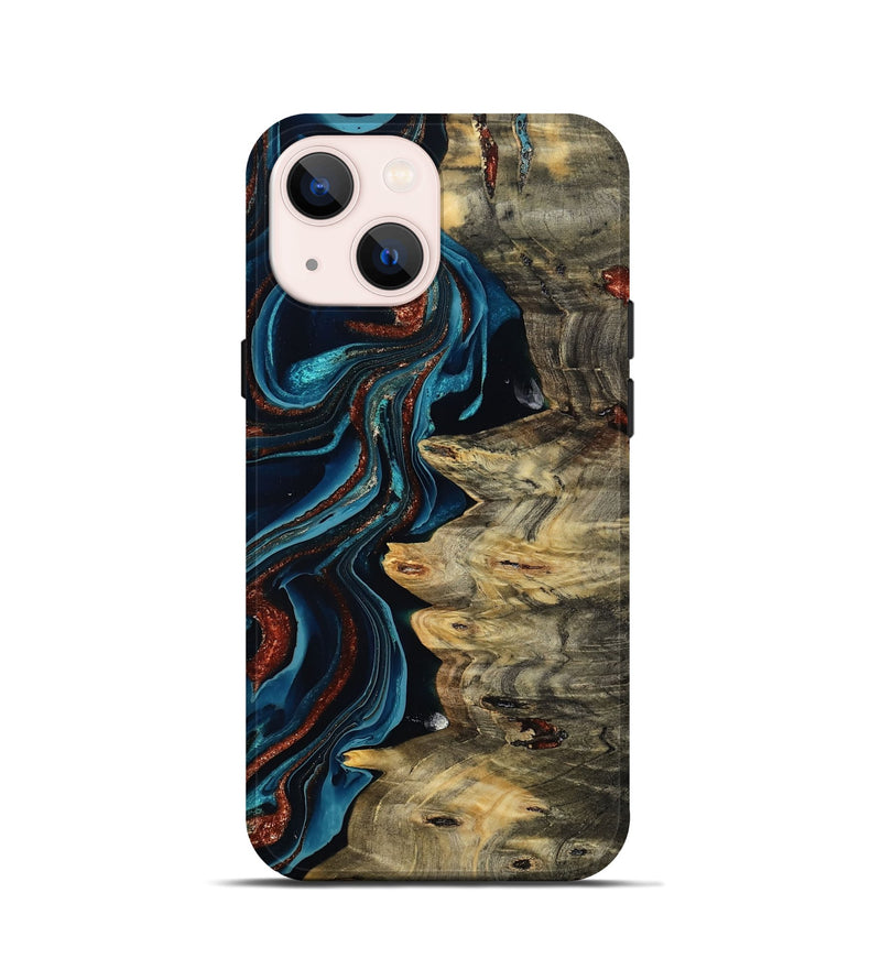 iPhone 13 mini Wood Live Edge Phone Case - Myron (Teal & Gold, 801512)