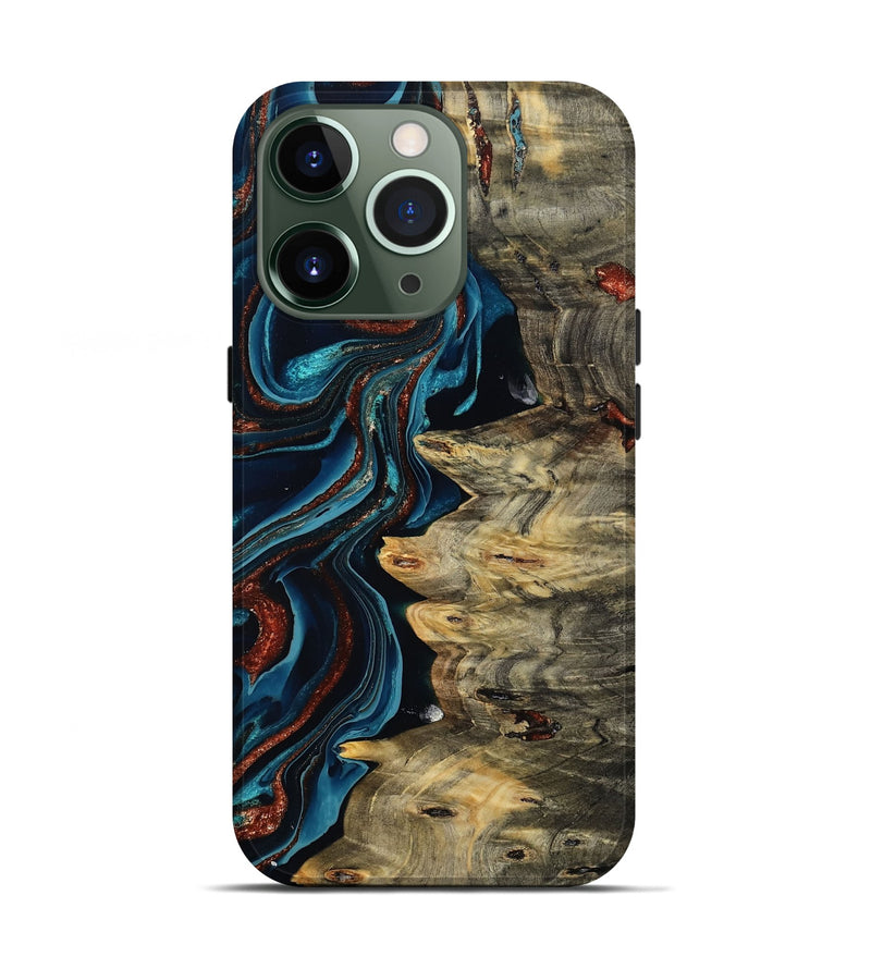 iPhone 13 Pro Wood Live Edge Phone Case - Myron (Teal & Gold, 801512)