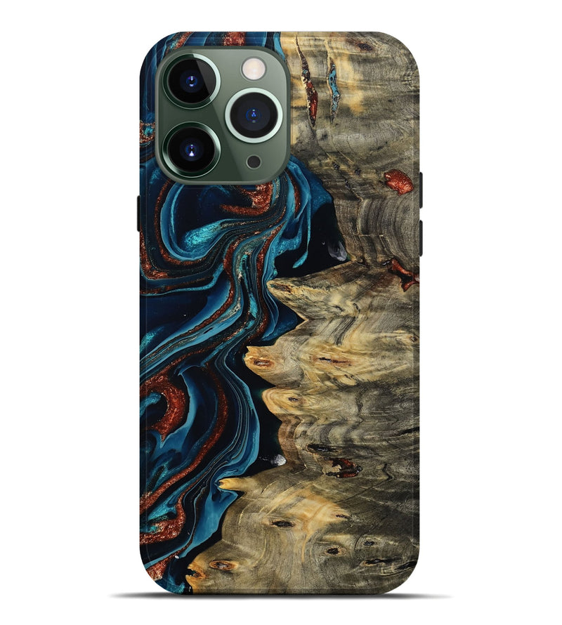 iPhone 13 Pro Max Wood Live Edge Phone Case - Myron (Teal & Gold, 801512)