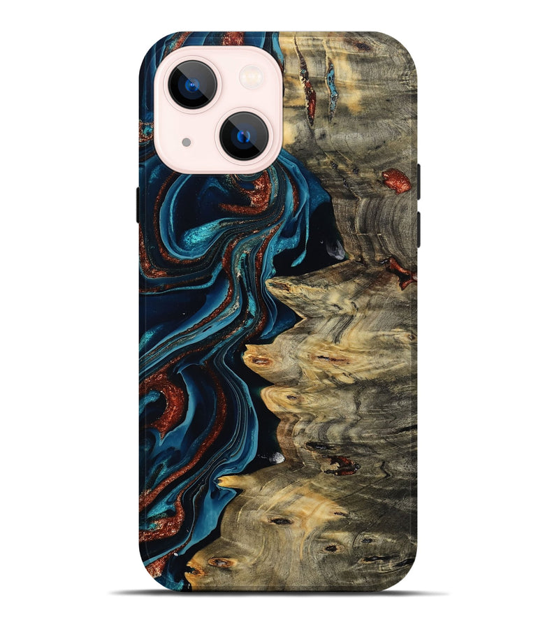iPhone 14 Plus Wood Live Edge Phone Case - Myron (Teal & Gold, 801512)