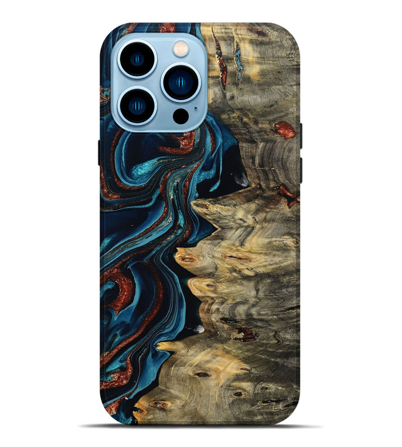 iPhone 14 Pro Max Wood Live Edge Phone Case - Myron (Teal & Gold, 801512)