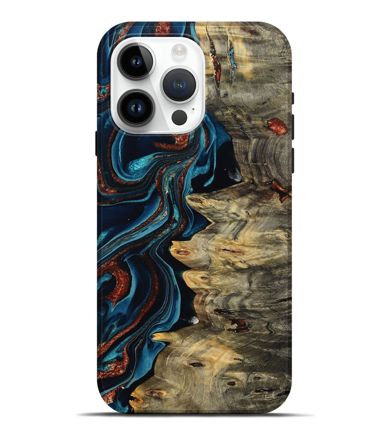 iPhone 15 Pro Max Wood Live Edge Phone Case - Myron (Teal & Gold, 801512)