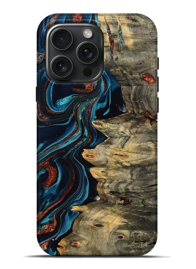 iPhone 16 Pro Max Wood Live Edge Phone Case - Myron (Teal & Gold, 801512)