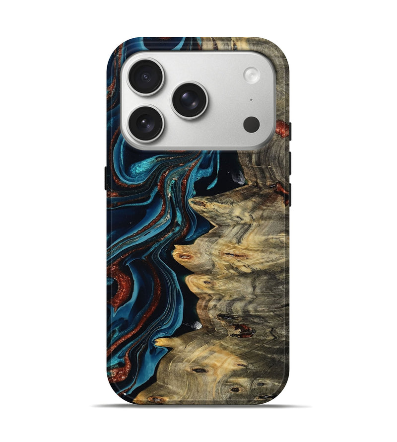 iPhone 17 Pro Wood Live Edge Phone Case - Myron (Teal & Gold, 801512)