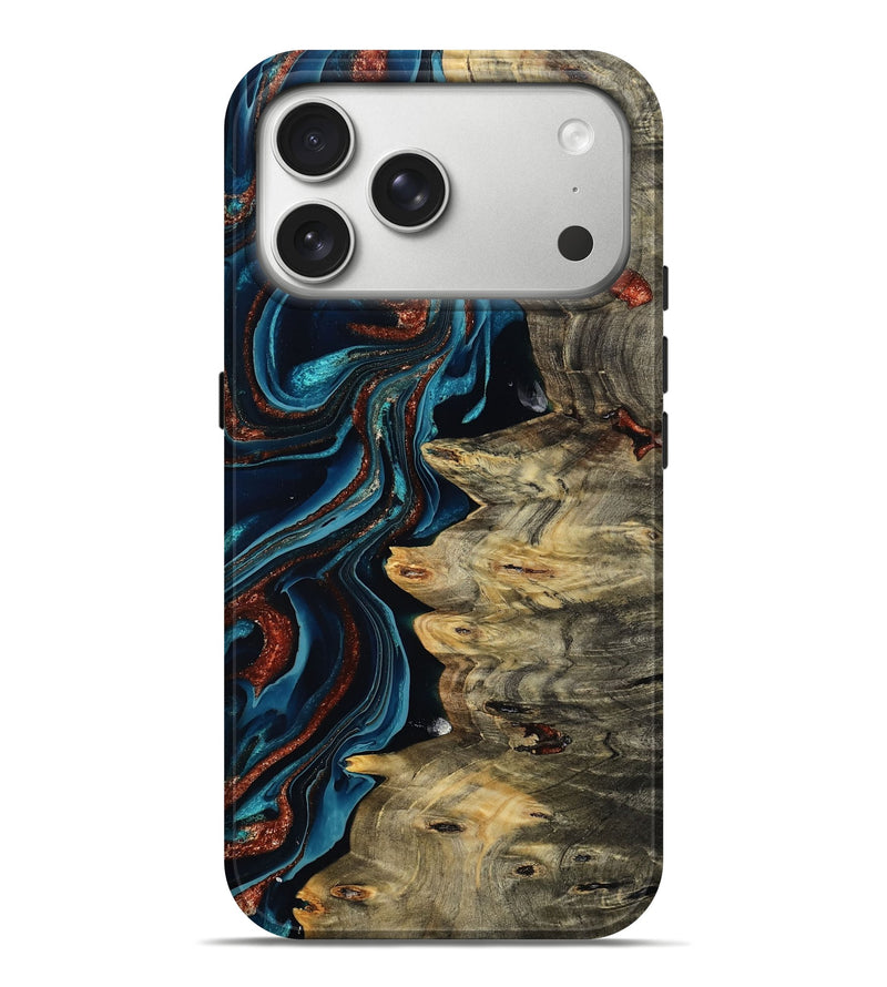 iPhone 17 Pro Max Wood Live Edge Phone Case - Myron (Teal & Gold, 801512)
