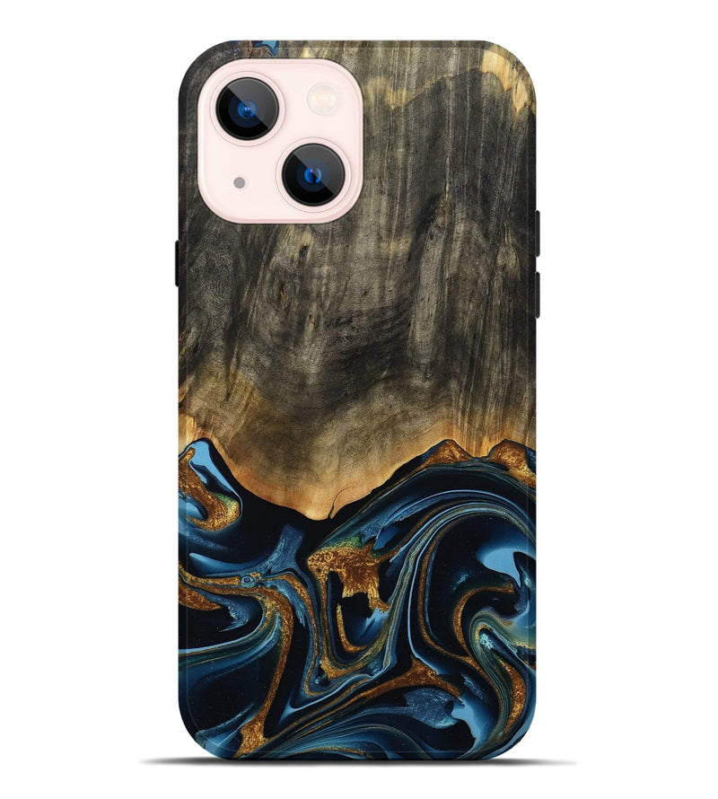 iPhone 14 Plus Wood Live Edge Phone Case - Virgil (Teal & Gold, 801513)