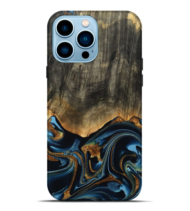 iPhone 14 Pro Max Wood Live Edge Phone Case - Virgil (Teal & Gold, 801513)