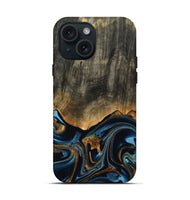 iPhone 15 Wood Live Edge Phone Case - Virgil (Teal & Gold, 801513)