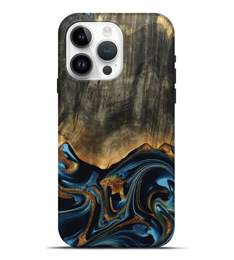 iPhone 15 Pro Max Wood Live Edge Phone Case - Virgil (Teal & Gold, 801513)