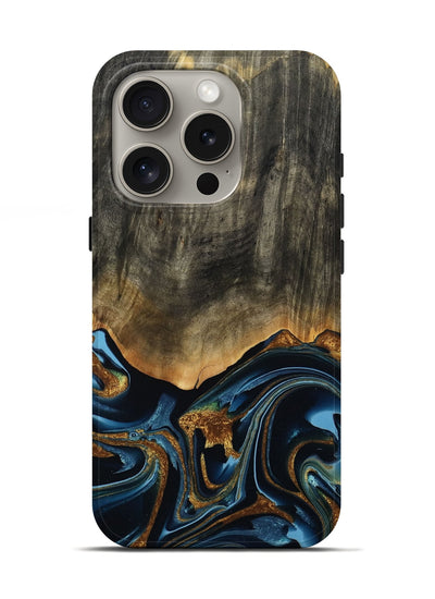 iPhone 16 Pro Wood Live Edge Phone Case - Virgil (Teal & Gold, 801513)