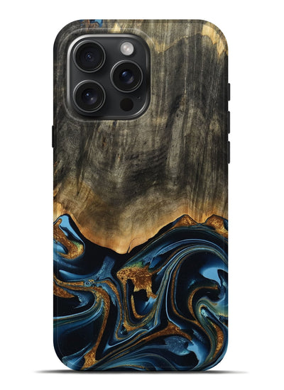iPhone 16 Pro Max Wood Live Edge Phone Case - Virgil (Teal & Gold, 801513)