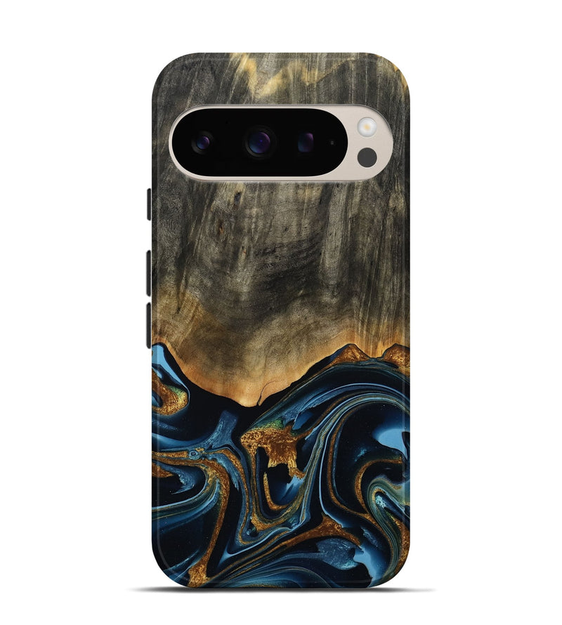 Pixel 9 Pro Wood Live Edge Phone Case - Virgil (Teal & Gold, 801513)