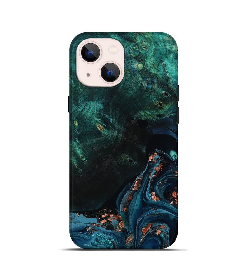 iPhone 13 mini Wood Live Edge Phone Case - January (Teal & Gold, 801525)