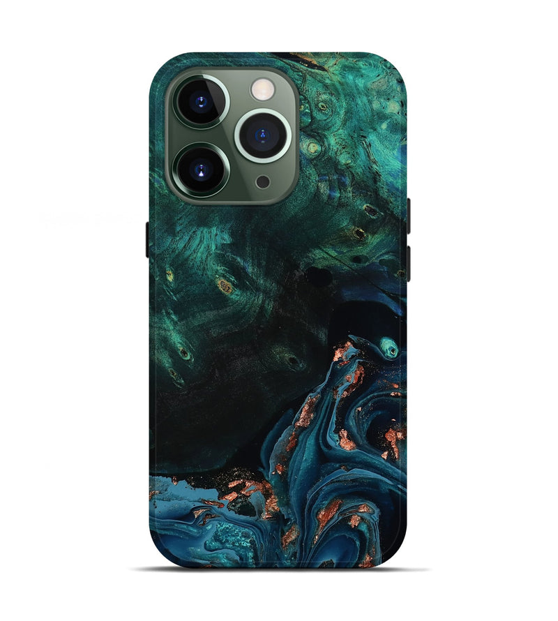 iPhone 13 Pro Wood Live Edge Phone Case - January (Teal & Gold, 801525)