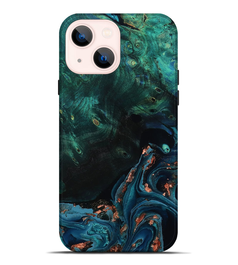 iPhone 14 Plus Wood Live Edge Phone Case - January (Teal & Gold, 801525)