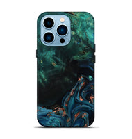 iPhone 14 Pro Wood Live Edge Phone Case - January (Teal & Gold, 801525)