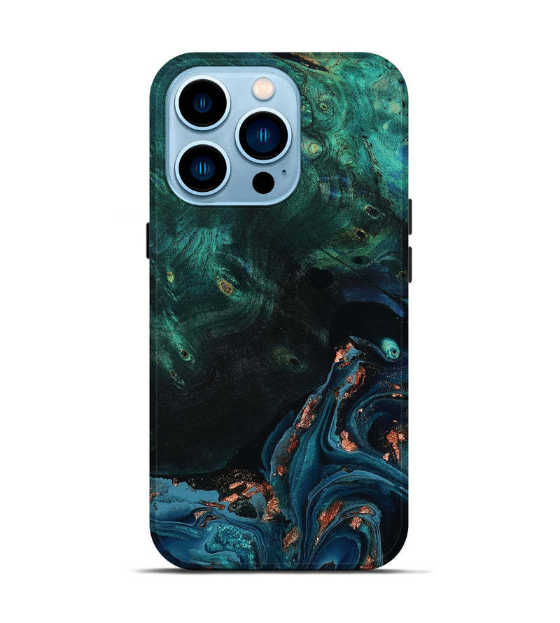 iPhone 14 Pro Wood Live Edge Phone Case - January (Teal & Gold, 801525)