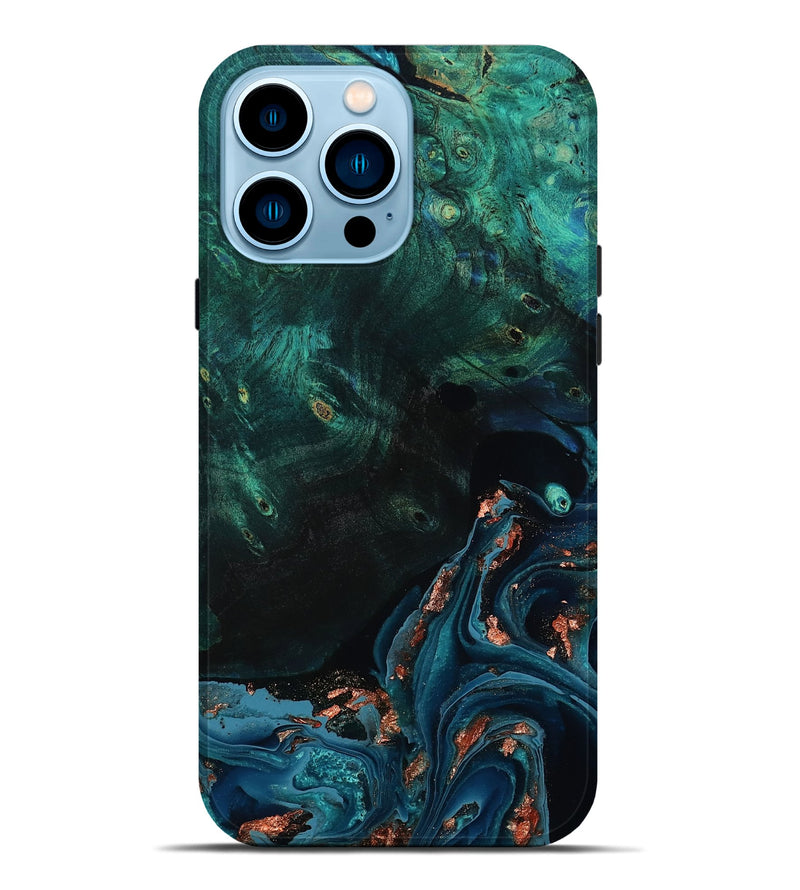 iPhone 14 Pro Max Wood Live Edge Phone Case - January (Teal & Gold, 801525)