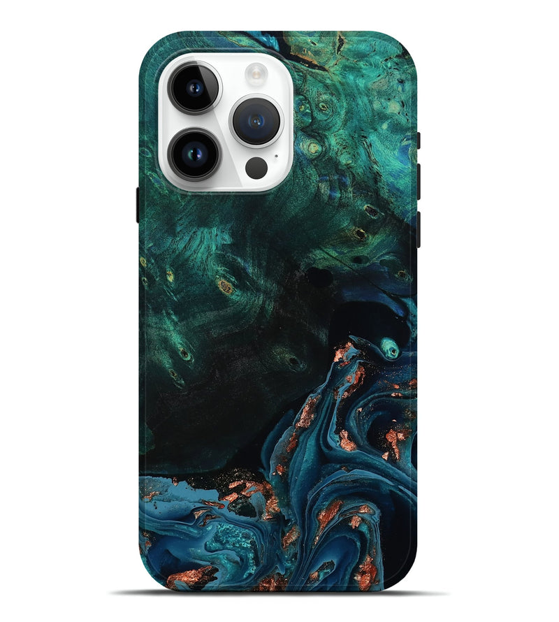 iPhone 15 Pro Max Wood Live Edge Phone Case - January (Teal & Gold, 801525)