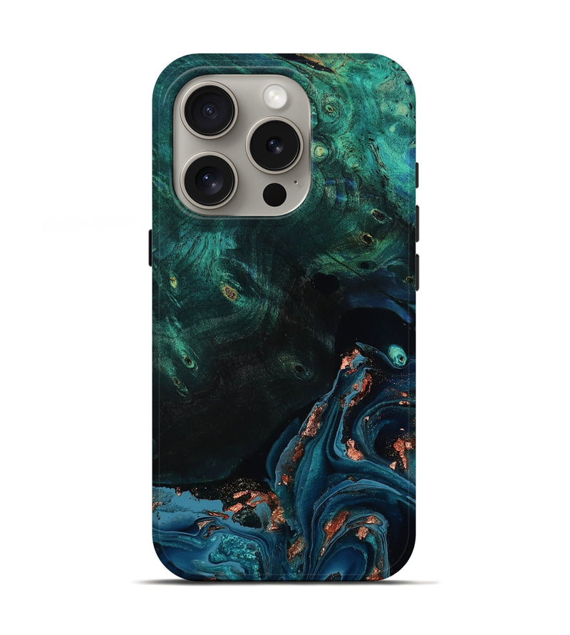 iPhone 16 Pro Wood Live Edge Phone Case - January (Teal & Gold, 801525)