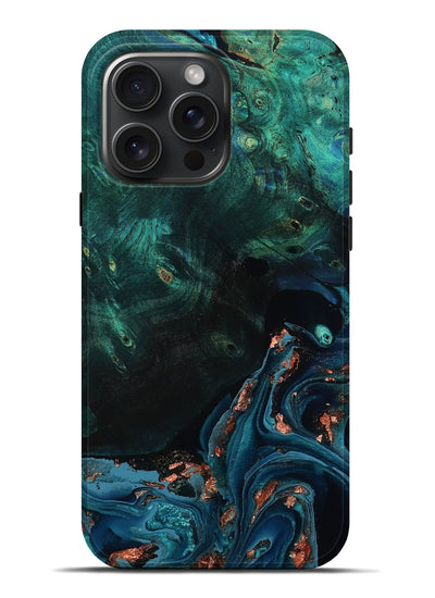 iPhone 16 Pro Max Wood Live Edge Phone Case - January (Teal & Gold, 801525)