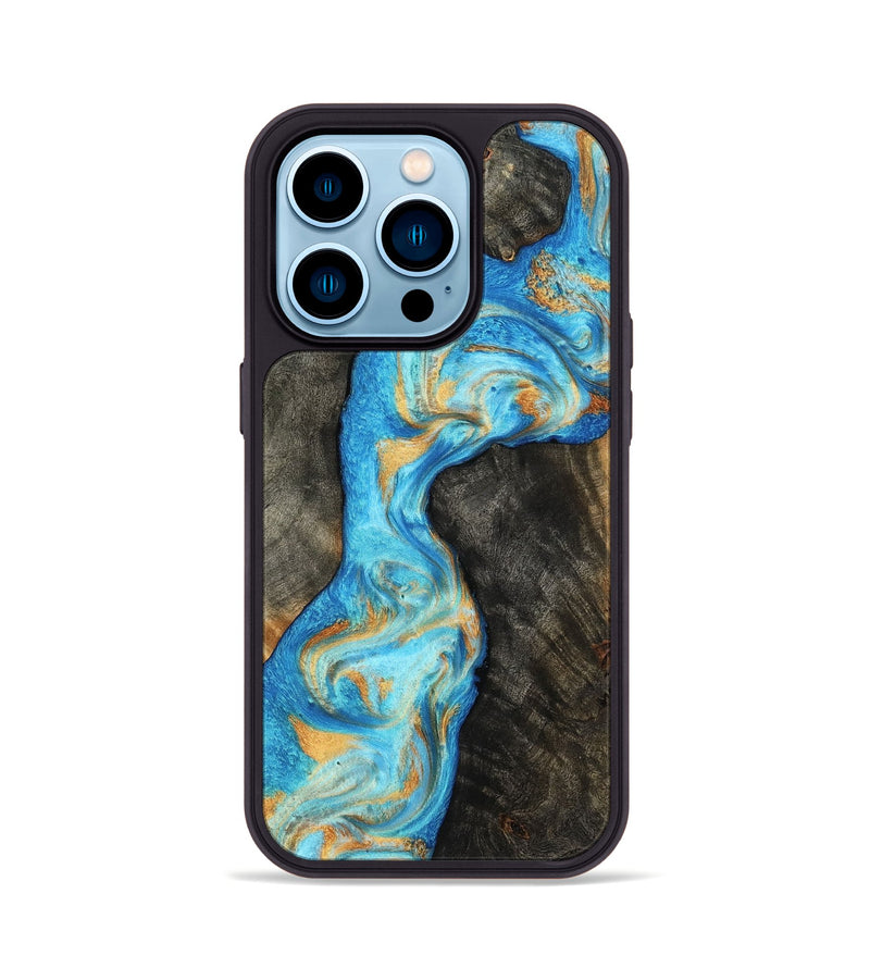 iPhone 14 Pro Wood Phone Case - Oaklee (Teal & Gold, 801636)