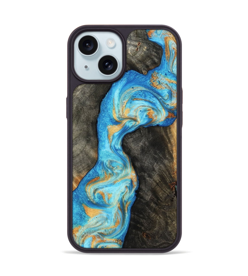 iPhone 15 Wood Phone Case - Oaklee (Teal & Gold, 801636)