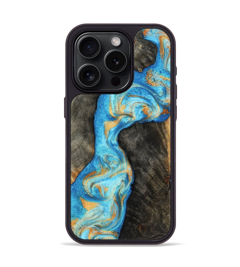 iPhone 15 Pro Wood Phone Case - Oaklee (Teal & Gold, 801636)