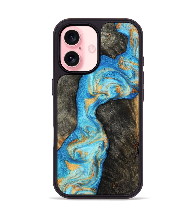 iPhone 16 Wood Phone Case - Oaklee (Teal & Gold, 801636)