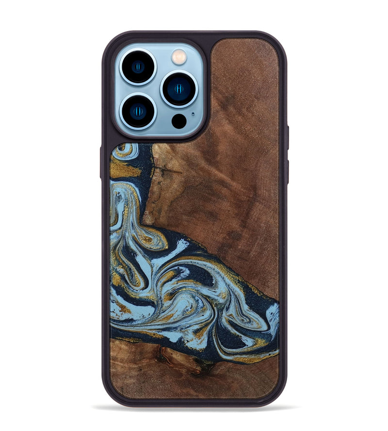 iPhone 14 Pro Max Wood Phone Case - Billye (Teal & Gold, 801637)