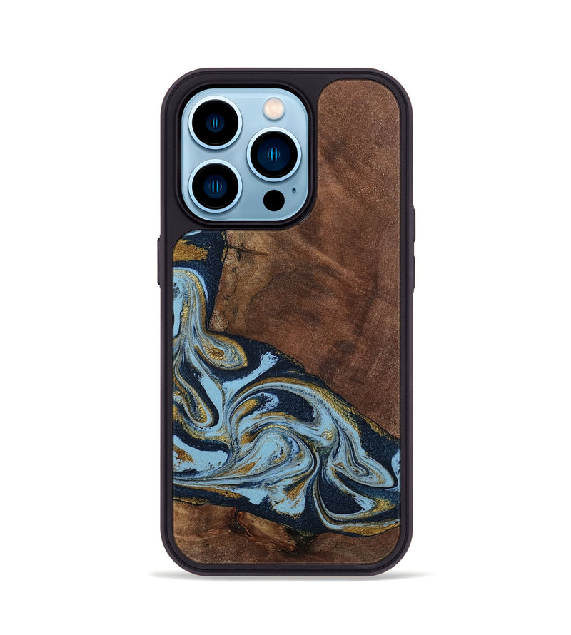 iPhone 14 Pro Wood Phone Case - Billye (Teal & Gold, 801637)
