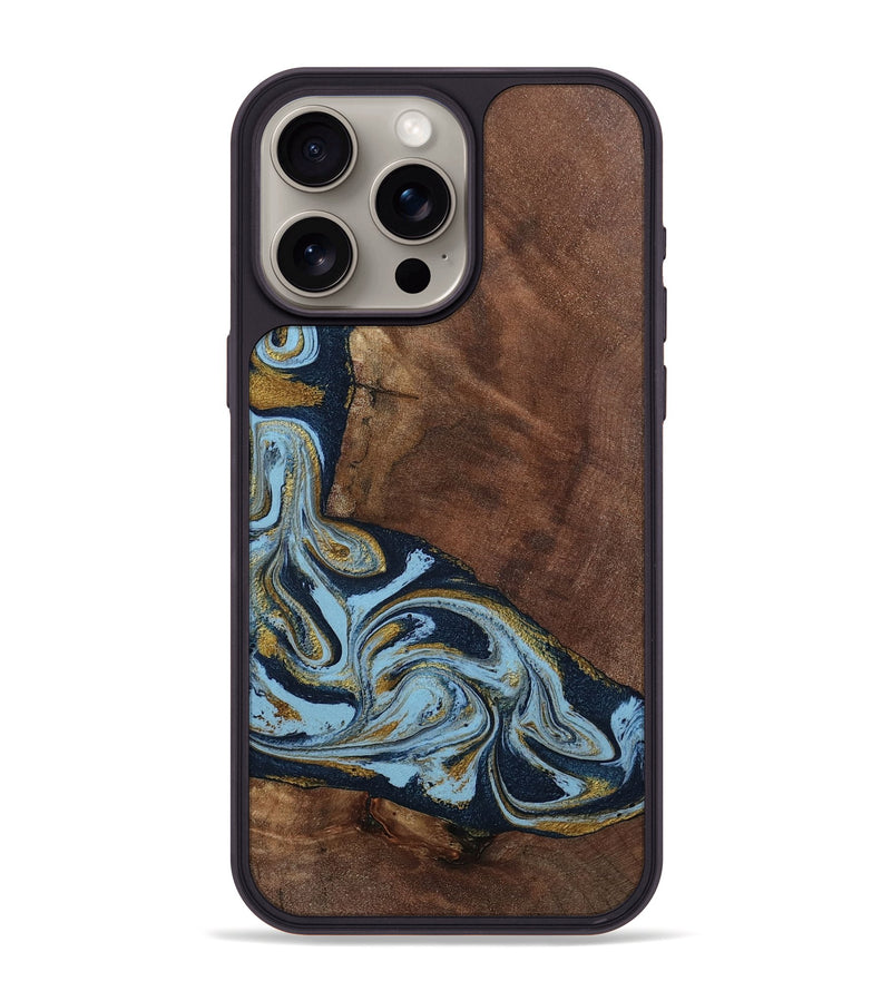 iPhone 15 Pro Max Wood Phone Case - Billye (Teal & Gold, 801637)