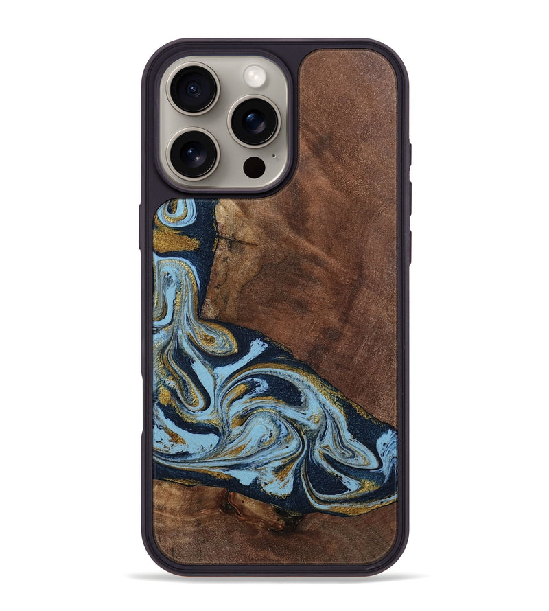 iPhone 16 Pro Max Wood Phone Case - Billye (Teal & Gold, 801637)