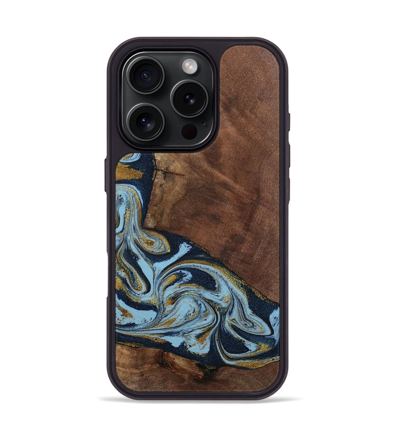 iPhone 16 Pro Wood Phone Case - Billye (Teal & Gold, 801637)